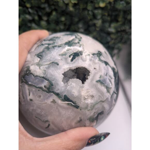 High Quality Moss Agate Sphere Druzy Cave Crystal witch Natural Statement Piece - Picture 2 of 8